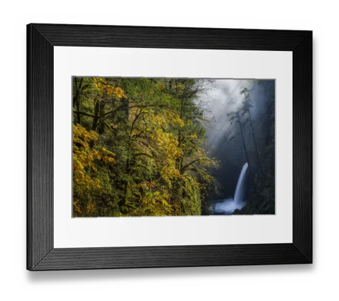 Framed Print : USA, Oregon. Autumn fall color and sun-streaked mist at Metlako Falls on Eagle Creek Framed Print : USA, Oregon. Autumn fall color and sun-streaked mist at Metlako Falls on Eagle Creek