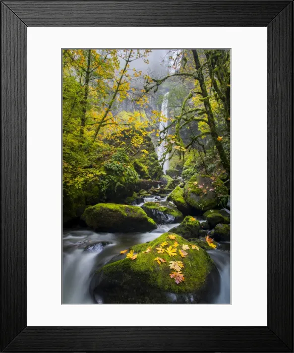 Framed Print : USA, Oregon. View from below Elowah Falls on McCord Creek in autumn in the Columbia Gorge