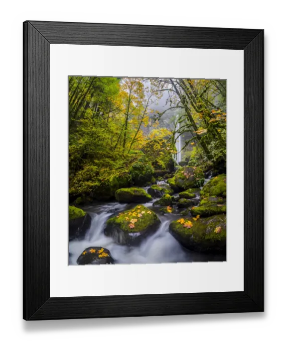 Framed Print : USA, Oregon. View from below Elowah Falls on McCord Creek in autumn in the Columbia Gorge