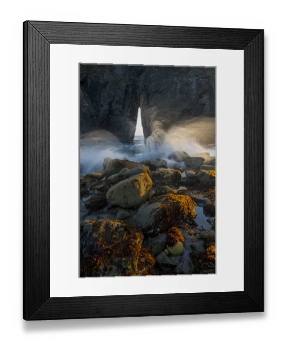 Framed Print : North America, USA, Oregon. Ocean spray over lichen covered rocks at arch, Harris Beach State Park Framed Print : North America, USA, Oregon. Ocean spray over lichen covered rocks at arch, Harris Beach State Park