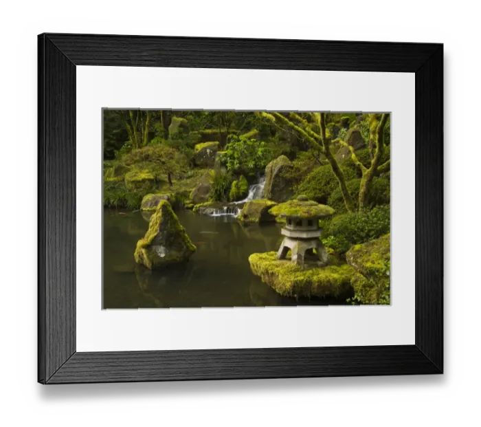 Framed Print : Pagoda; Rocks; moss covered; Lower Pond; Portland Japanese Garden; Portland; Oregon; USA