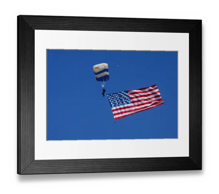 Framed Print : USA, Oregon, Hillsboro, USAF Academy skydiver, diving with the US Flag Framed Print : USA, Oregon, Hillsboro, USAF Academy skydiver, diving with the US Flag