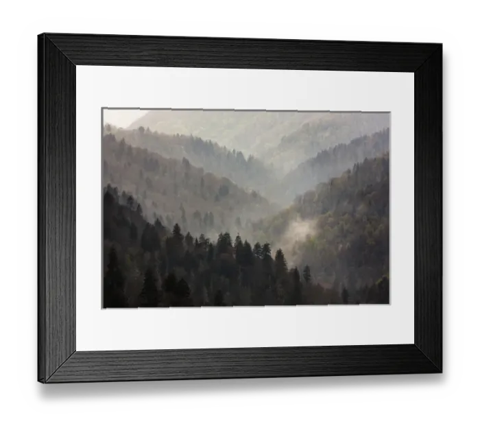Framed Print : USA, Tennessee, Great Smoky Mountains National Park. Mist rises in a valley of tree-lined ridges