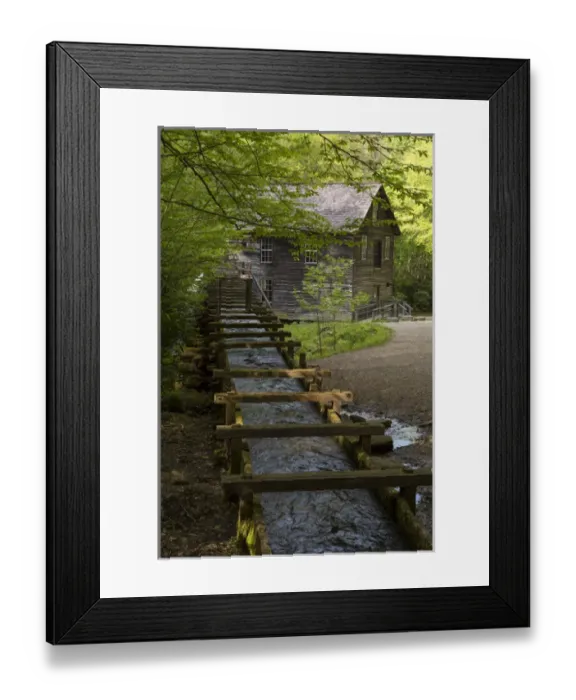 Framed Print : USA, Tennessee, Great Smoky Mountains National Park. Wooden flume directs water towards Mingus Mil Framed Print : USA, Tennessee, Great Smoky Mountains National Park. Wooden flume directs water towards Mingus Mil