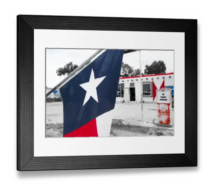Framed Print : Flag at an antique gas station, Adrian, Texas, USA. Route 66
