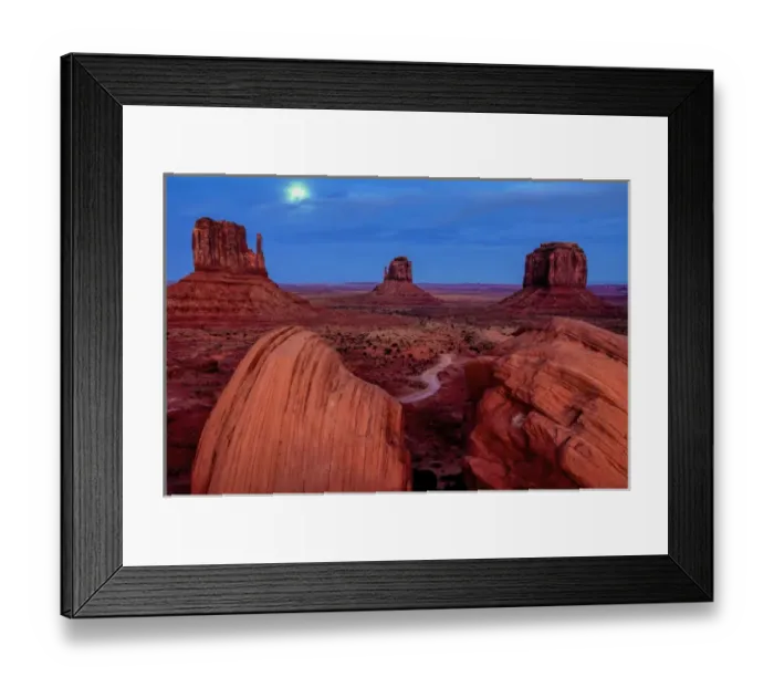 Framed Print : USA, Utah, Monument Valley Navajo Tribal Park. Moon and landscape of eroded formations Framed Print : USA, Utah, Monument Valley Navajo Tribal Park. Moon and landscape of eroded formations
