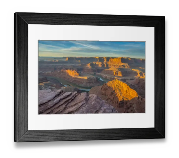 Framed Print : Sunrise at Dead Horse Point State Park, view of Colorado River and Canyonlands National