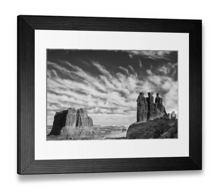 Framed Print : North America, USA, Utah, Arches National Park. Black and white image of clouds, mesa