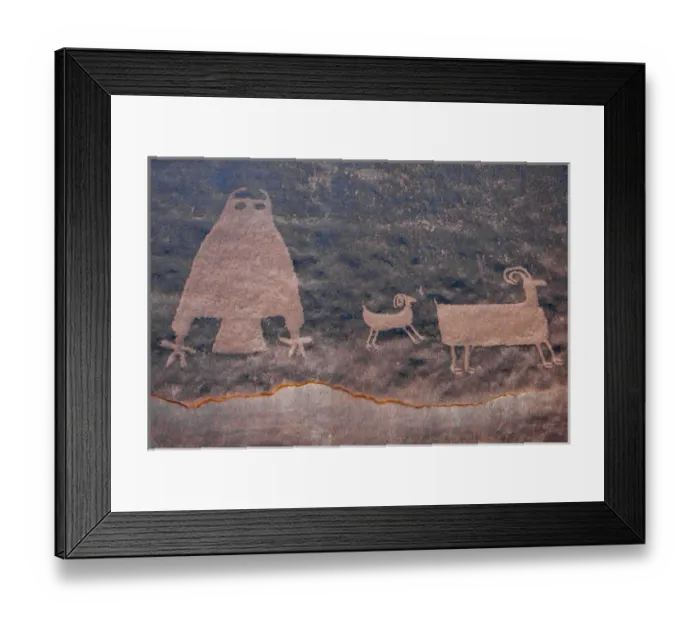 Framed Print : North America, USA, Utah. Owl Panel with big horn sheep, ancient petroglyph, UT