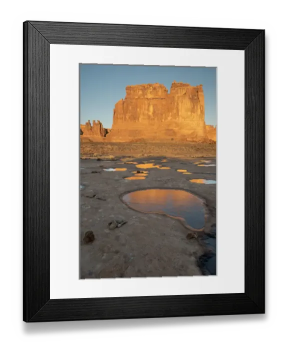 Framed Print : North America, USA, Utah, Arches National Park. Reflected light from the Organ in icy pot holes Framed Print : North America, USA, Utah, Arches National Park. Reflected light from the Organ in icy pot holes