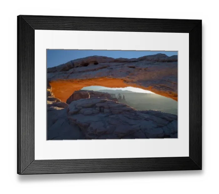 Framed Print : North America, USA, Utah. Overlook vista through Mesa Arch during winter at Canyonlands