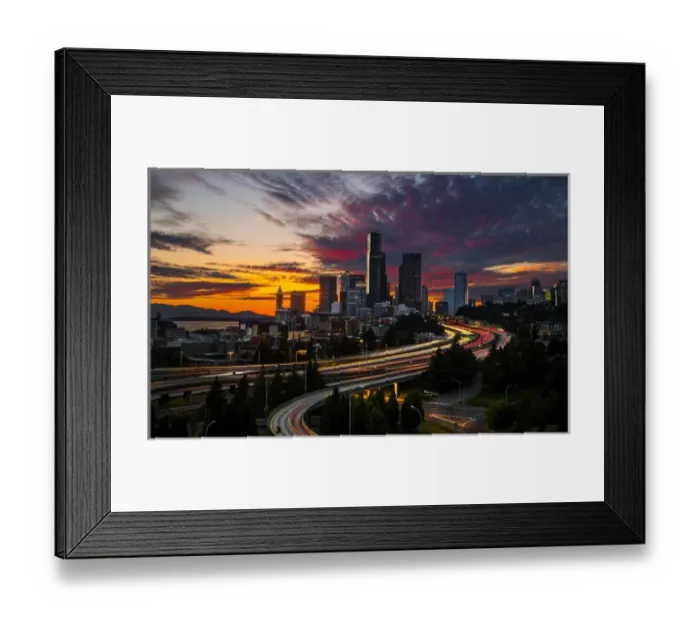 Framed Print : USA, Washington State, Seattle. Sunset view of downtown over I-5 from the Jose Rizal Bridge Framed Print : USA, Washington State, Seattle. Sunset view of downtown over I-5 from the Jose Rizal Bridge