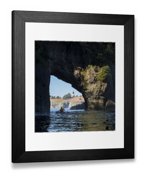Framed Print : USA, Washington State. Male sea kayaker in archway at Cape Flattery, Olympic Coast Framed Print : USA, Washington State. Male sea kayaker in archway at Cape Flattery, Olympic Coast