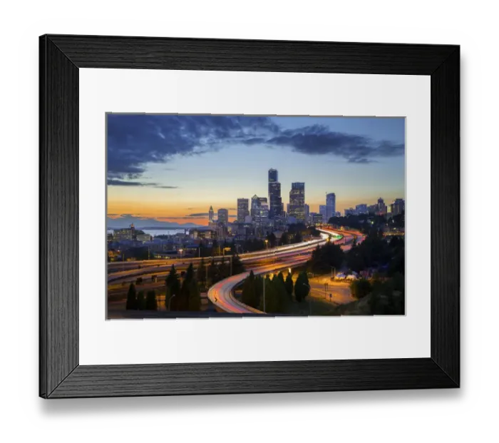 Framed Print : USA, Washington State, Seattle. Sunset view of downtown over I-5 from the Jose Rizal Bridge Framed Print : USA, Washington State, Seattle. Sunset view of downtown over I-5 from the Jose Rizal Bridge