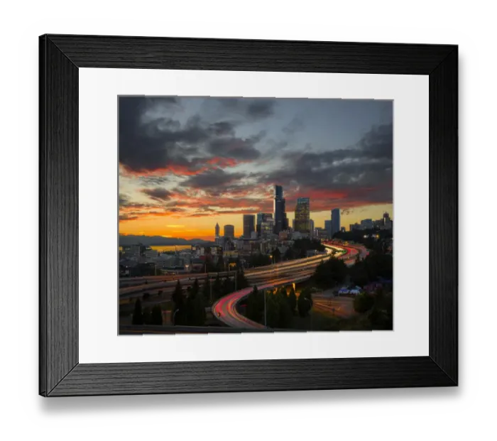 Framed Print : USA, Washington State, Seattle. Sunset view of downtown over I-5 from the Jose Rizal Bridge Framed Print : USA, Washington State, Seattle. Sunset view of downtown over I-5 from the Jose Rizal Bridge