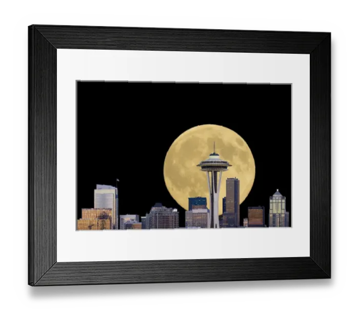 Framed Print : WA, Seattle, skyline view from Kerry Park, with full moon (2015) Composite image