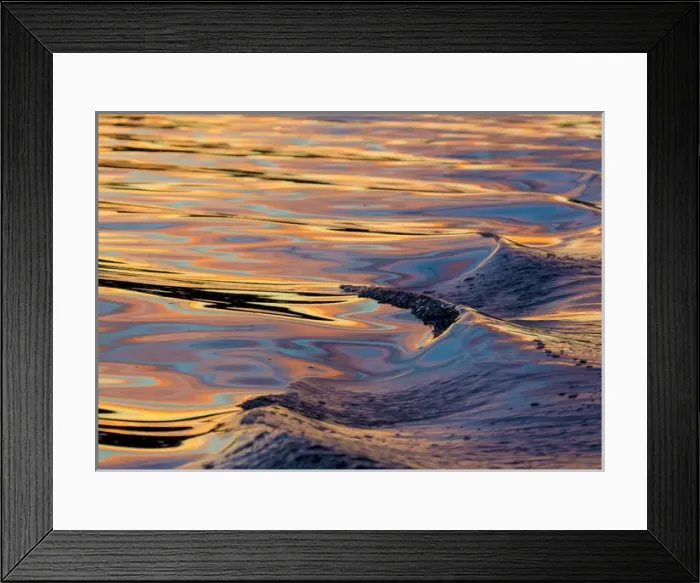Framed Print : US, WA. Patterns of reflected sunset in boat wake Puget Sound