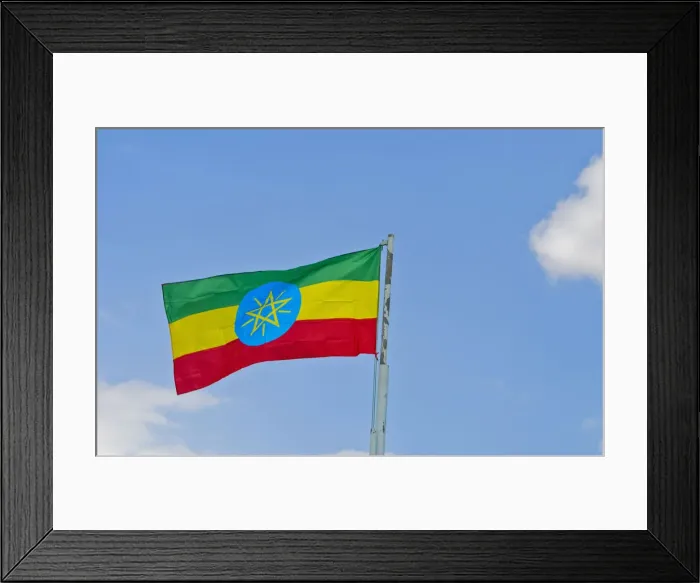 Framed Print : Ethiopia Africa flag of Ethiopia blowing in wind