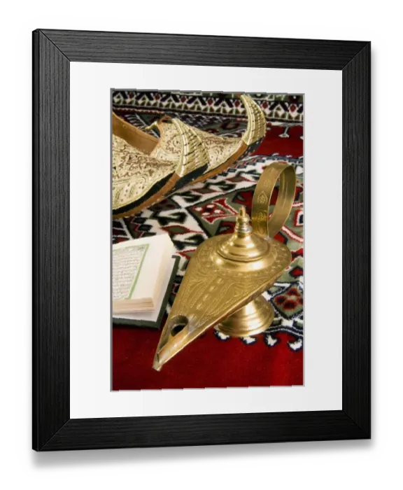 Framed Print : Lamp of Alladin, arabic shoes, holy quran on a carpet