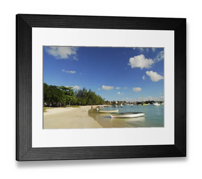 Framed Print : Mauritius, Grand Baie, boat at waters edge in a distance by calm sea Framed Print : Mauritius, Grand Baie, boat at waters edge in a distance by calm sea