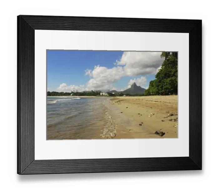 Framed Print : Mauritius, Tamarin, view of calm beach with trees and mountain peak in the background Framed Print : Mauritius, Tamarin, view of calm beach with trees and mountain peak in the background