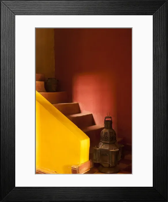 Framed Print : Africa, Morocco. An old lantern and jug on steps of a restored Kasbah with a texture