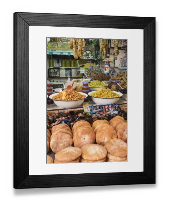Framed Print : Africa, Morocco, Moulay Idriss. Market stall selling bread, olives, figs and other