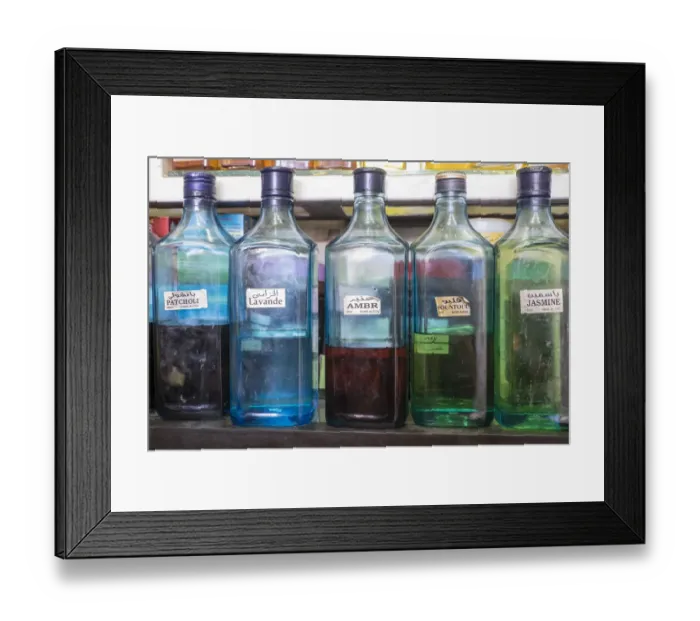 Framed Print : North Africa, Morocco, Marrakech, Jemma El Efna, Souk, colorful bottles of fragrances