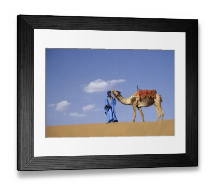 Framed Print : Africa, Morocco, Tinfou (near Zagora) Man in traditional dress leading camel on sand dunes