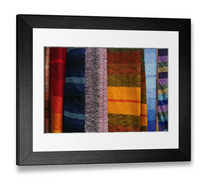 Framed Print : Africa, Morocco, Fes. Woven Moroccan silk textiles and scarves Framed Print : Africa, Morocco, Fes. Woven Moroccan silk textiles and scarves