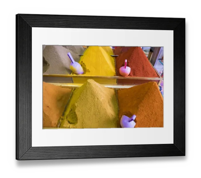 Framed Print : North Africa, Morocco, Marrakech. Jemna El Efna spice market display