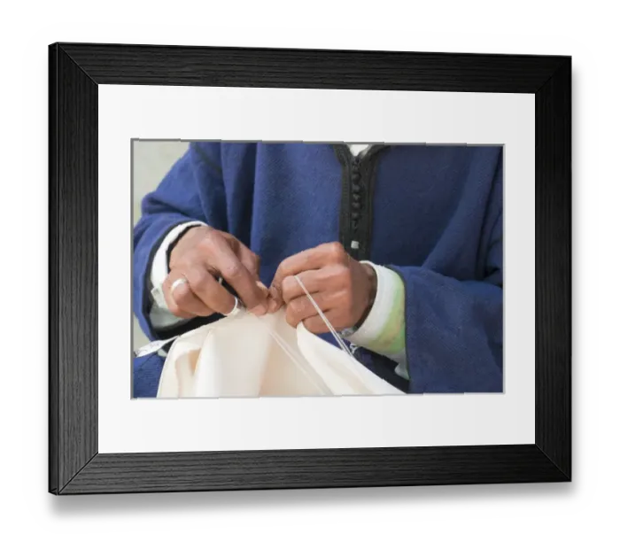 Framed Print : North Africa, Morocco, Fes, Medina craftsmen sewing Framed Print : North Africa, Morocco, Fes, Medina craftsmen sewing