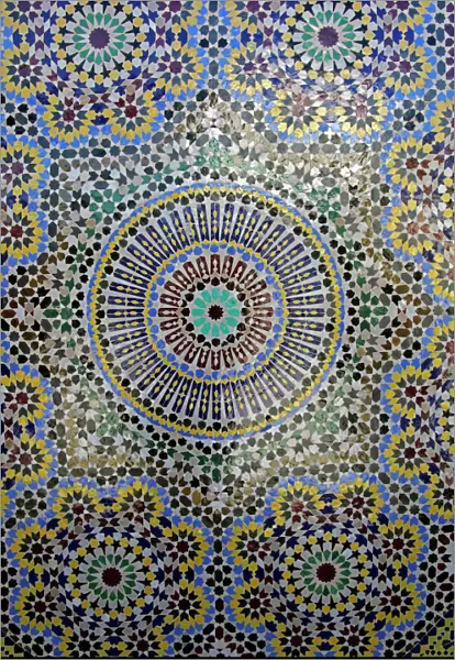 Africa, Morocco, Fes. Mosaic wall for fountain