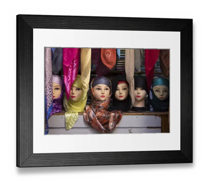 Framed Print : Africa, Morocco, Fes. Moroccan Head scarves on mannequin heads in market Framed Print : Africa, Morocco, Fes. Moroccan Head scarves on mannequin heads in market