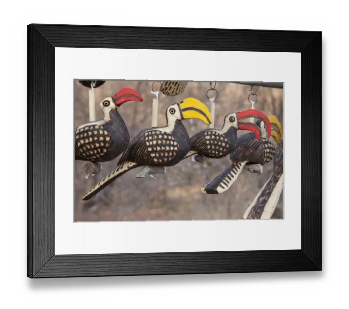 Framed Print : Africa, Namibia, Etosha National Park. Close-up of wooden bird carvings. Credit as Framed Print : Africa, Namibia, Etosha National Park. Close-up of wooden bird carvings. Credit as