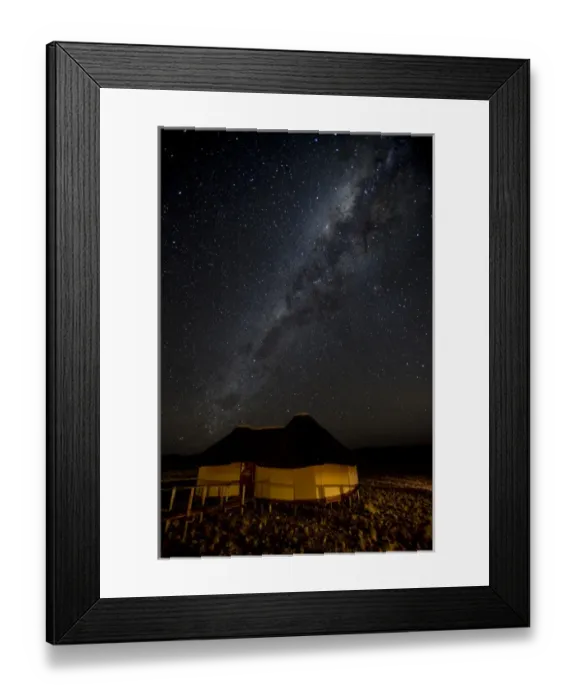 Framed Print : Africa, Namibia, Namib-Naukluft Park, Dune Lodge. Lodging hut and Milky Way. Credit as