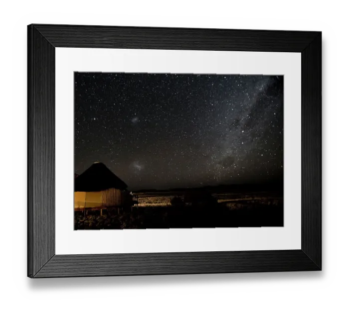 Framed Print : Africa, Namibia, Namib-Naukluft Park, Dune Lodge. Lodging hut, Magellanic Clouds, and Milky Way Framed Print : Africa, Namibia, Namib-Naukluft Park, Dune Lodge. Lodging hut, Magellanic Clouds, and Milky Way