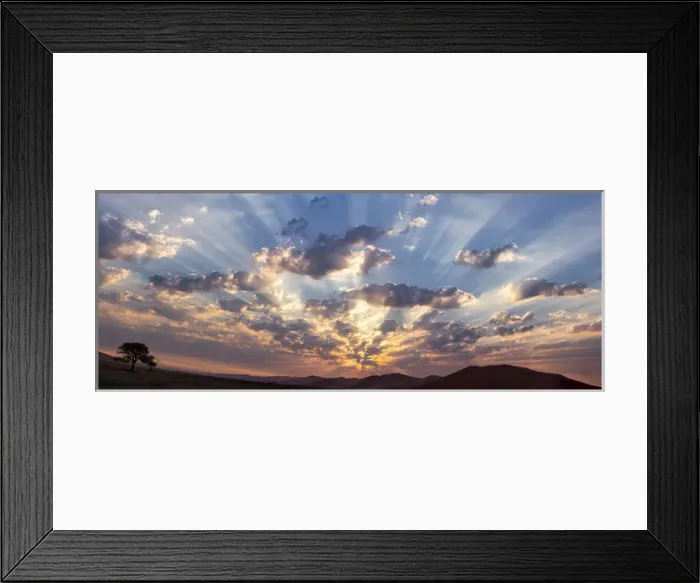Framed Print : Africa, Namibia, Namib-Naukluft Park. Panoramic of God beams over desert at sunset Framed Print : Africa, Namibia, Namib-Naukluft Park. Panoramic of God beams over desert at sunset