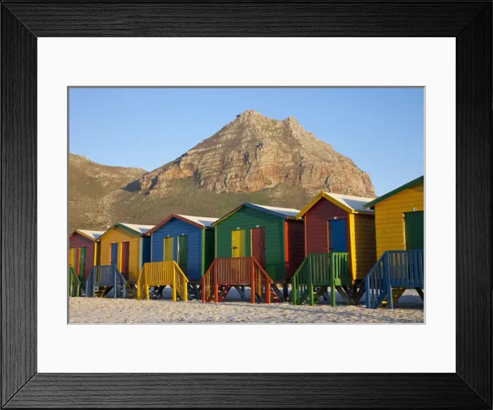 Framed Print : Africa, South Africa, Cape Town. Brightly coloured beach huts at Sunrise Beach, Muizenberg