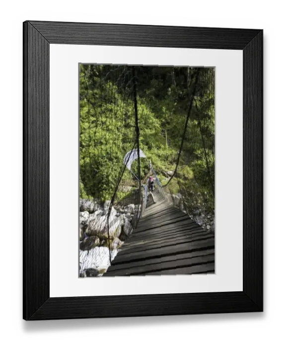 Framed Print : Hikers are crossing river Mobuku with the help of the old Kurt Shafer Bridge Framed Print : Hikers are crossing river Mobuku with the help of the old Kurt Shafer Bridge