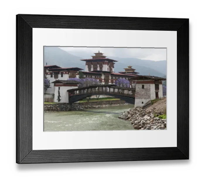 Framed Print : Asia, Bhutan. Cantilevered foot bridge near the entrance to the Punakha Dzong palace