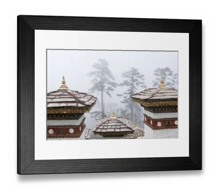 Framed Print : Asia, Bhutan, Dochu La. Close-up of chortens or stupas and trees in fog. Credit as Framed Print : Asia, Bhutan, Dochu La. Close-up of chortens or stupas and trees in fog. Credit as
