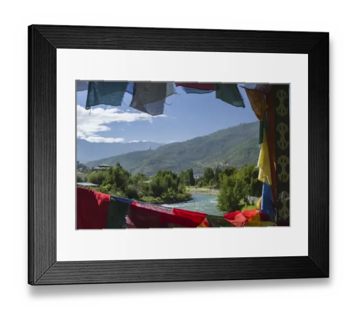 Framed Print : Bhutan, Punakha. Prayer flags line the cantilever bridge over the Mo Cchu river