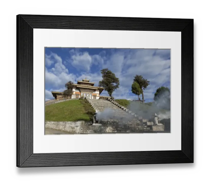 Framed Print : Bhutan, Dochu La, Incense burns at base of stairs to Druk Wangyal Lhakhang Temple