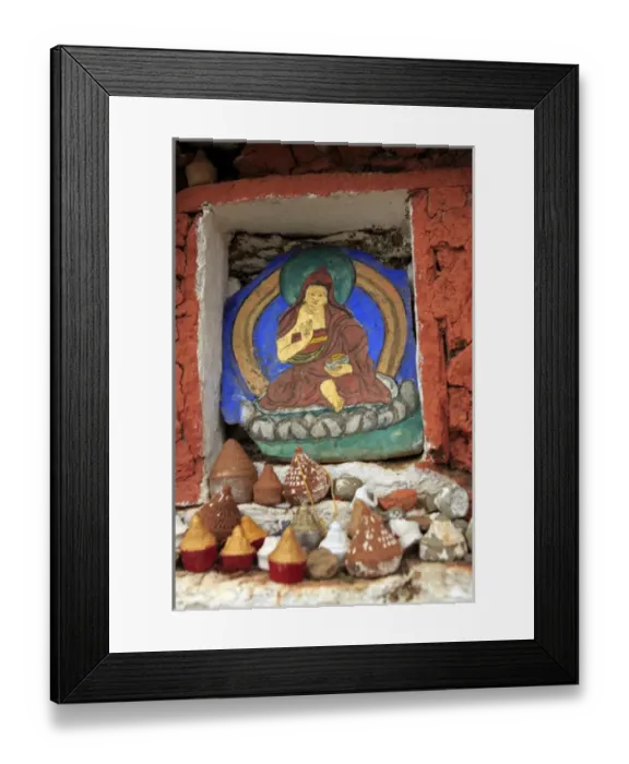 Framed Print : Asia, Bhutan, Paro. Miniature clay stupas rest on ledge of Taktsang trailside altar Framed Print : Asia, Bhutan, Paro. Miniature clay stupas rest on ledge of Taktsang trailside altar