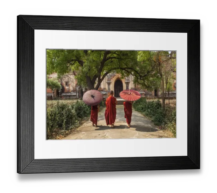 Framed Print : Myanmar, Bagan. Novice monks in front of temple