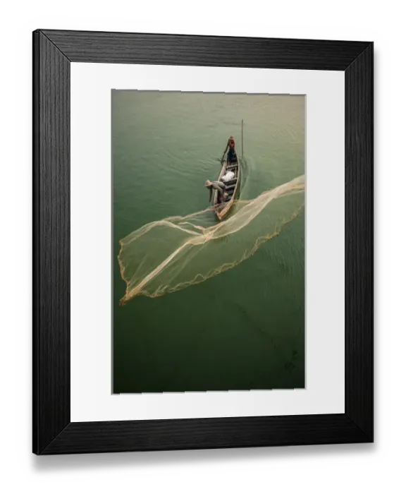 Framed Print : Myanmar, Mandalay, Amarapura. Fisherman casting net on Irrawaddy River. Credit as