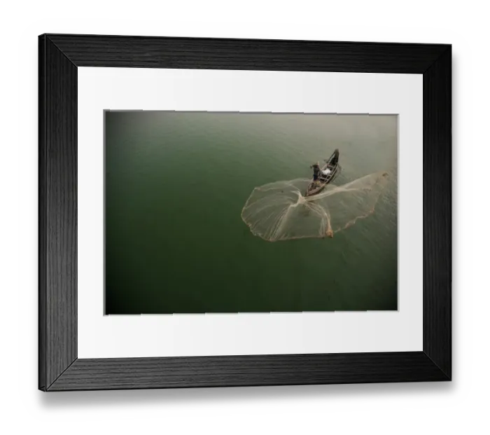 Framed Print : Myanmar, Mandalay, Amarapura. Fisherman casting net on Irrawaddy River. Credit as