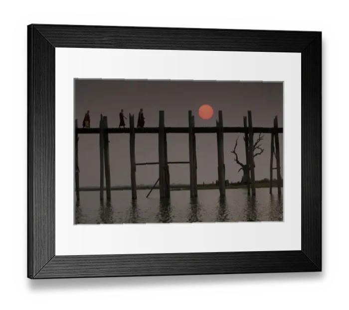 Framed Print : Myanmar, Amarapura. Buddhist monks crossing U Bein Bridge at sunset Framed Print : Myanmar, Amarapura. Buddhist monks crossing U Bein Bridge at sunset