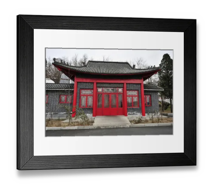 Framed Print : China, Dandong, roofed built structure with a red door and windows